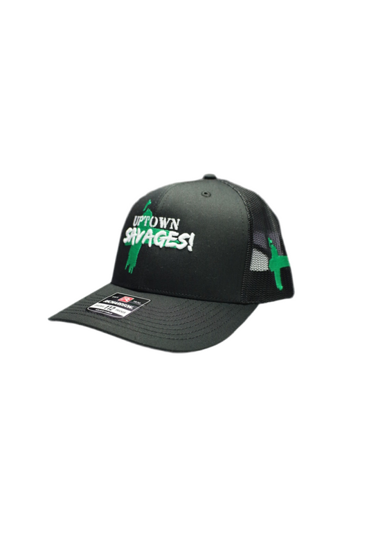 Uptown savages green/white logo on black trucker hat