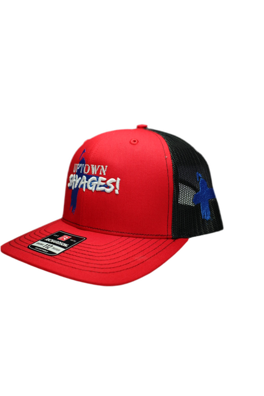 Uptown savages blue/white logo on red black trucker hat