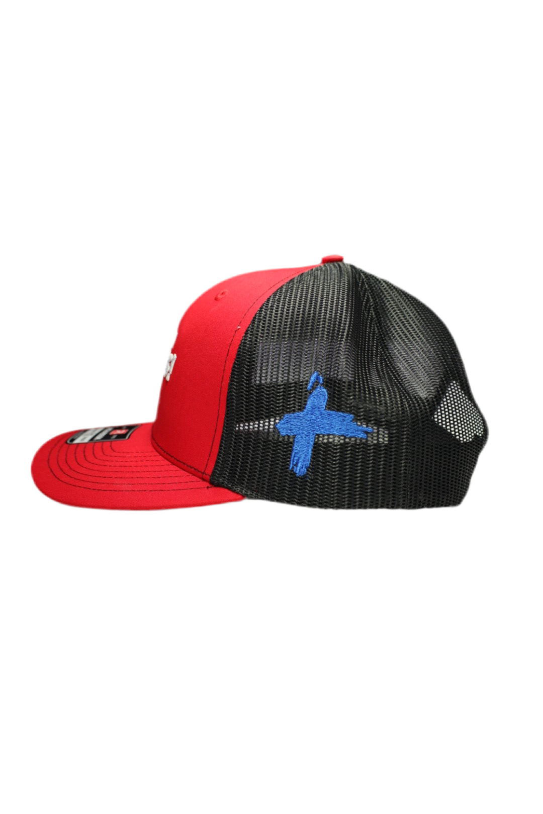 Uptown savages blue/white logo on red black trucker hat