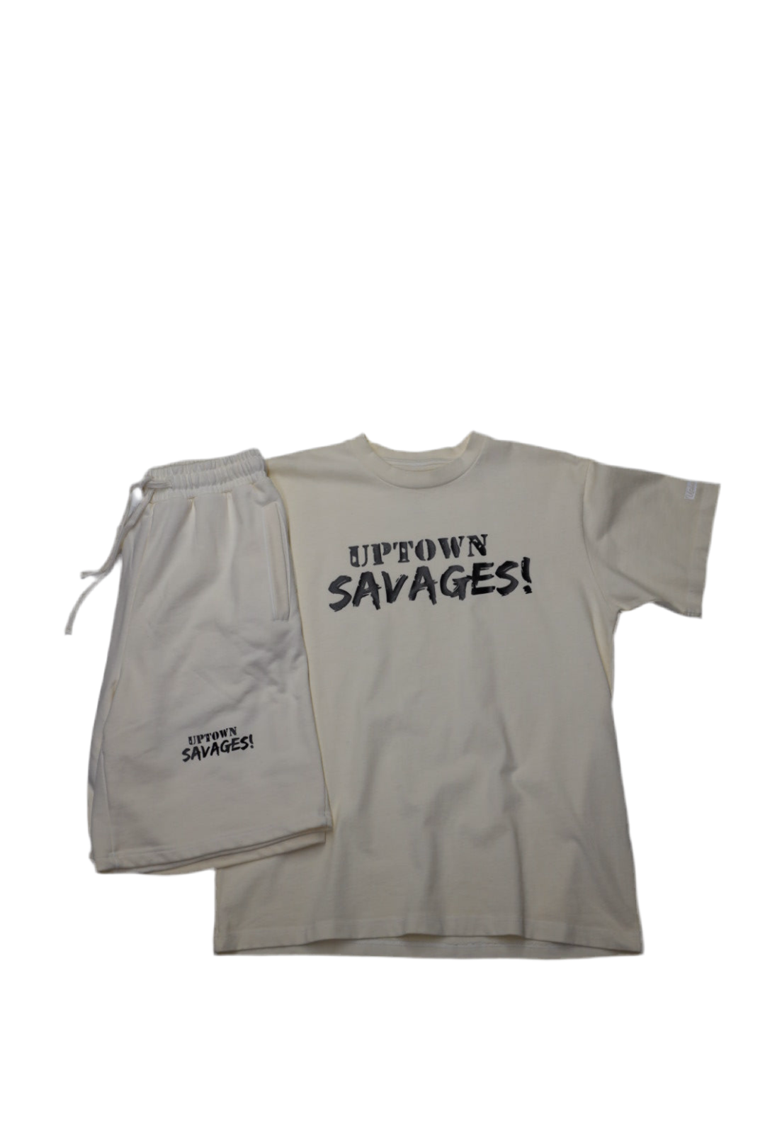 UPTOWN SAVAGES letters on cream suit