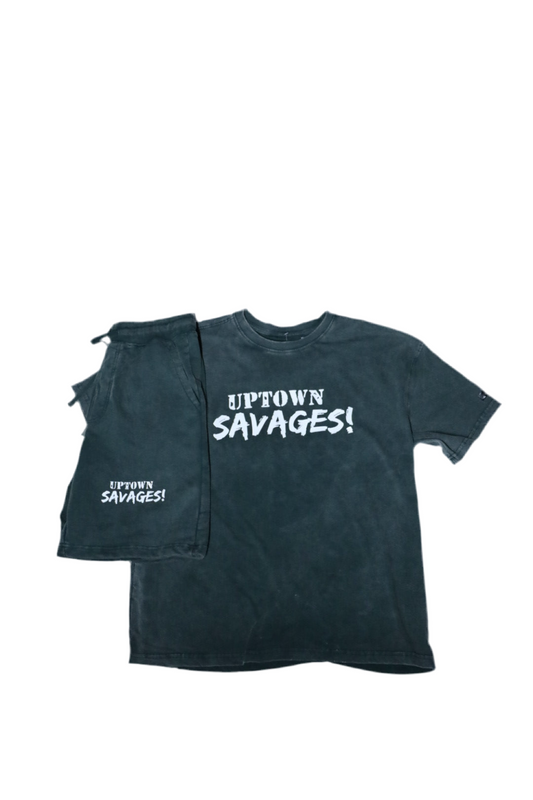 UPTOWN SAVAGES letters on black wash over size suit