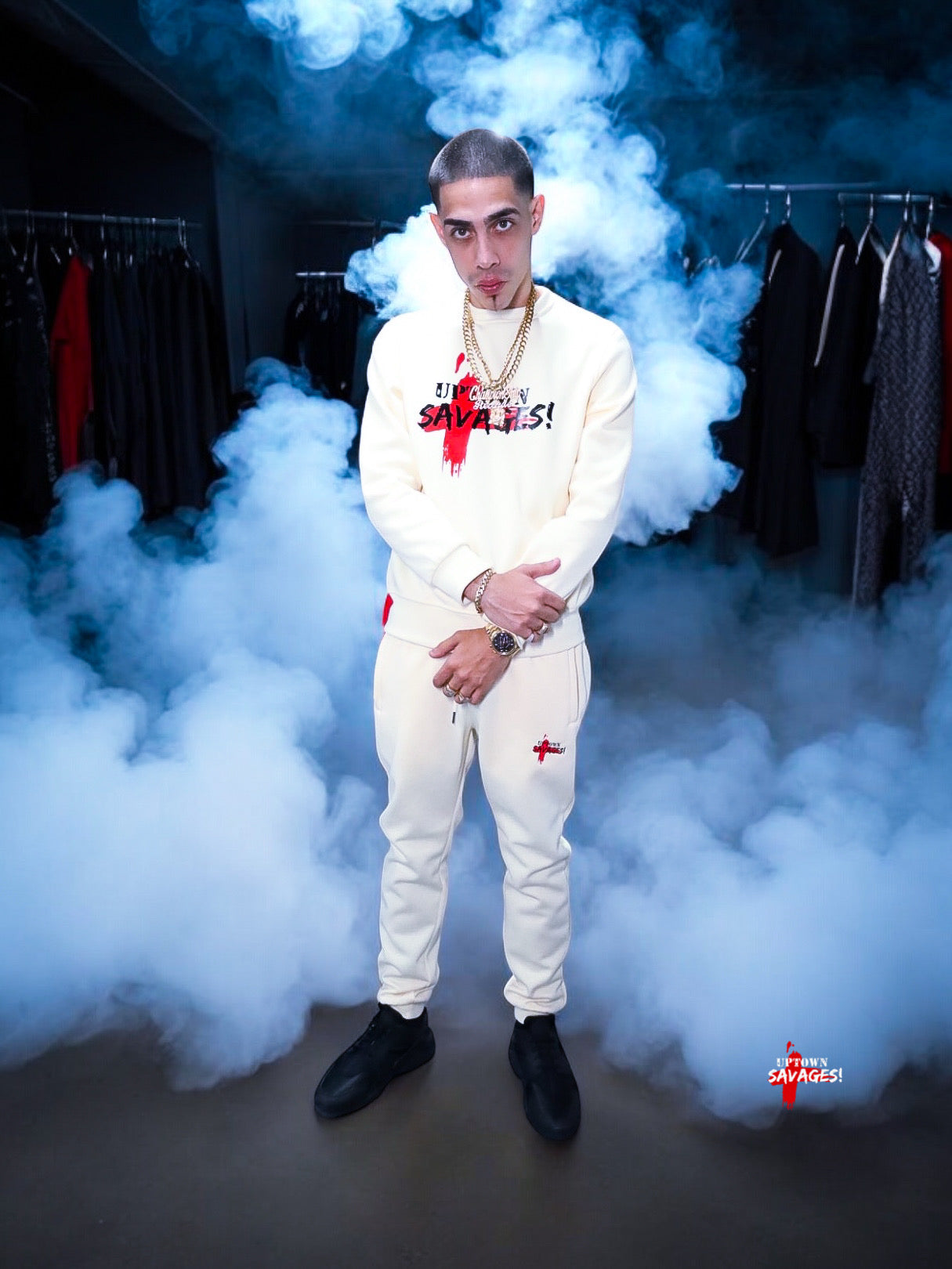 Uptown Savages logo cream suit