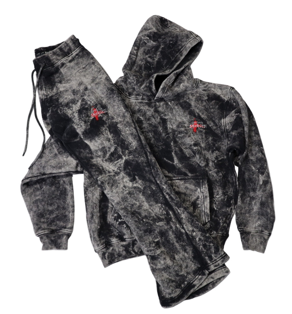 Washed black white uptown savages logo suit
