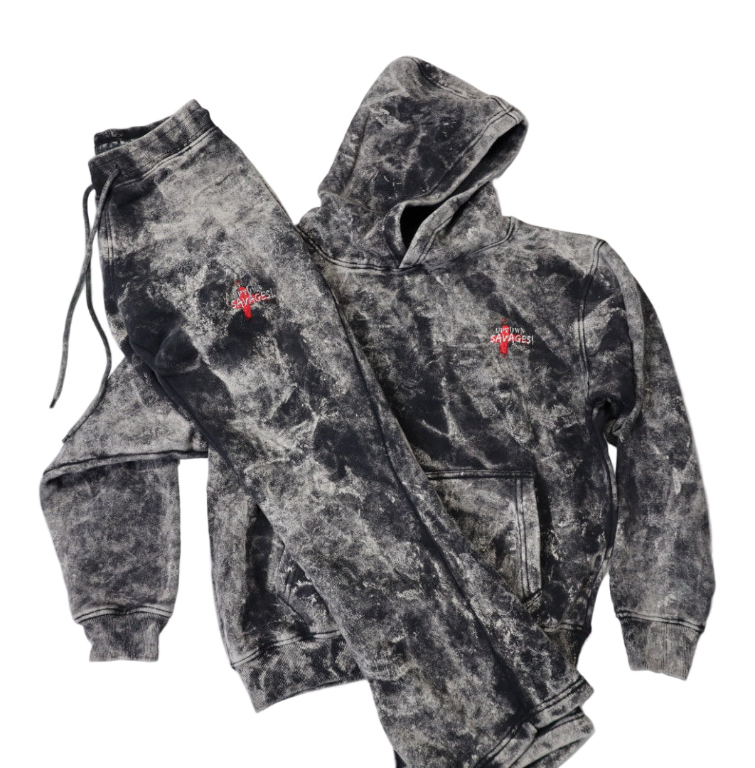 Washed black white uptown savages logo suit