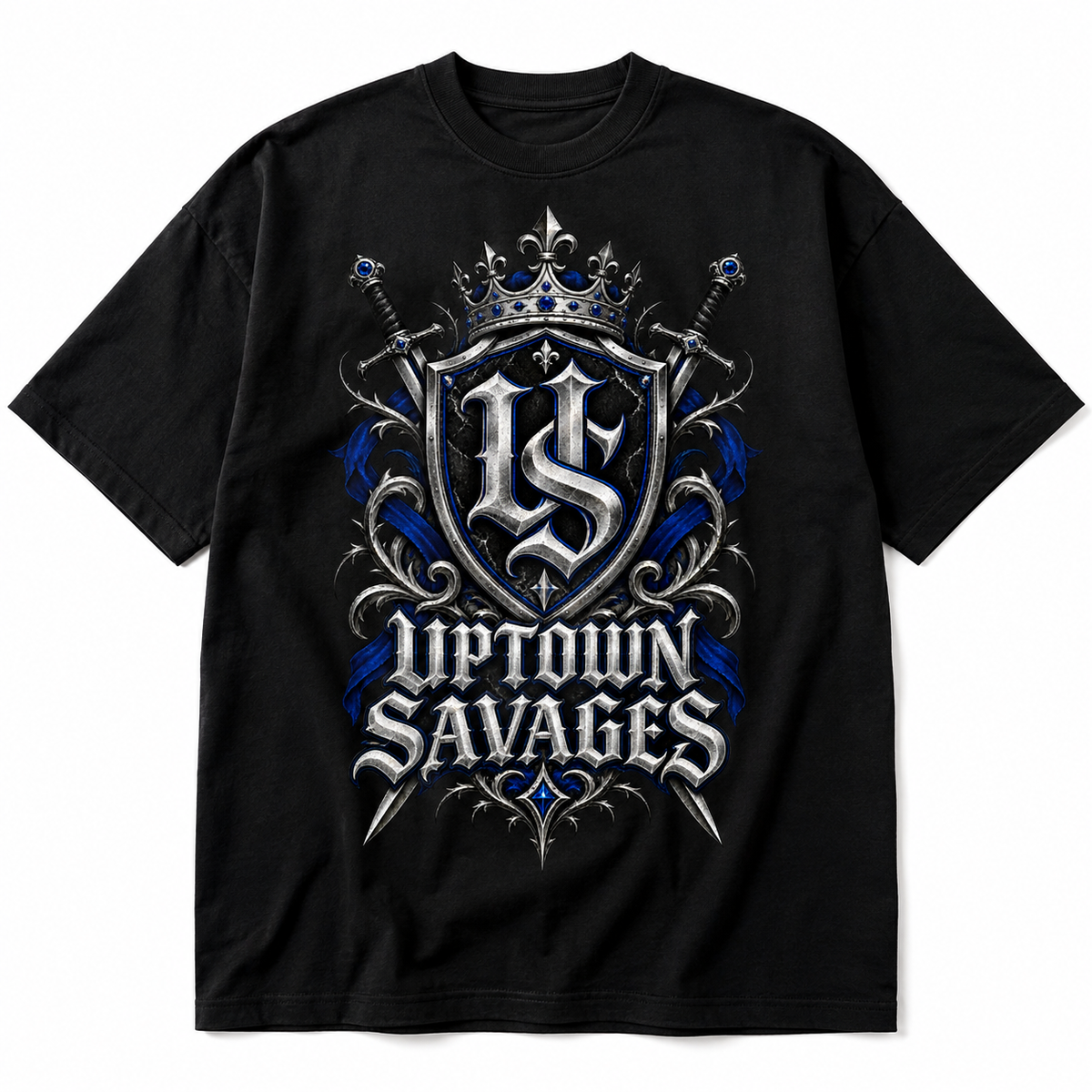 UPTOWN SAVAGES Royal Crest graphic on black T-shirt