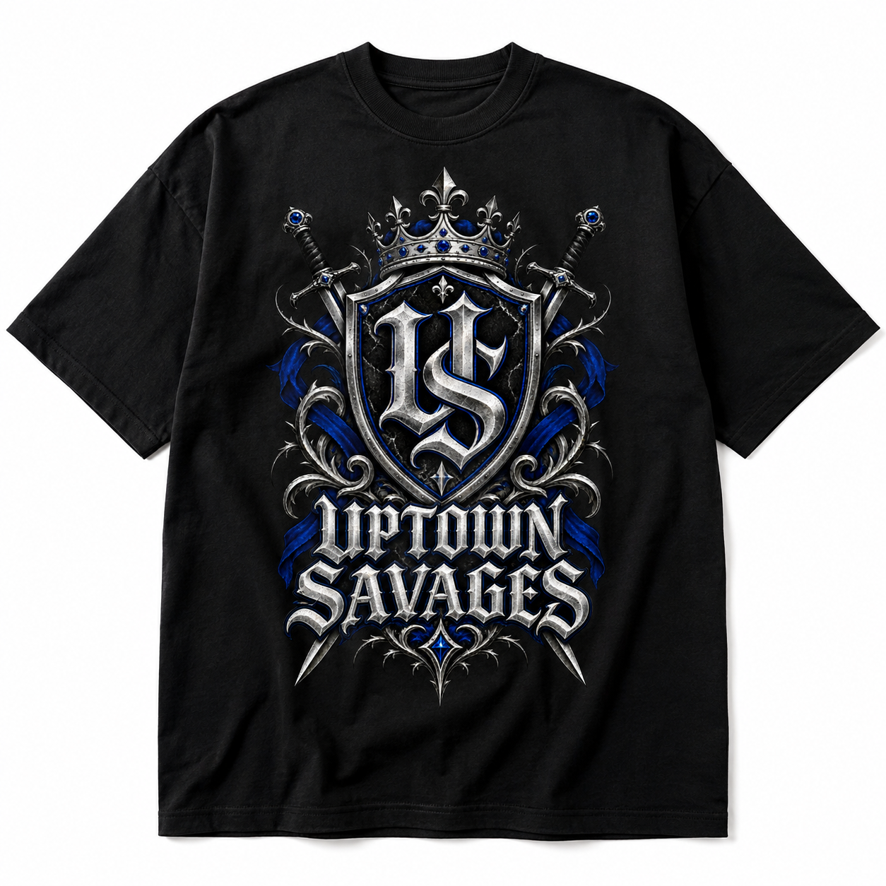UPTOWN SAVAGES Royal Crest graphic on black T-shirt