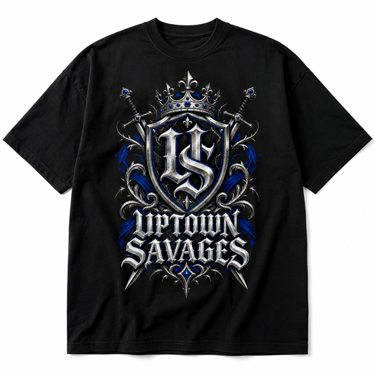 UPTOWN SAVAGES Royal Crest graphic on black T-shirt